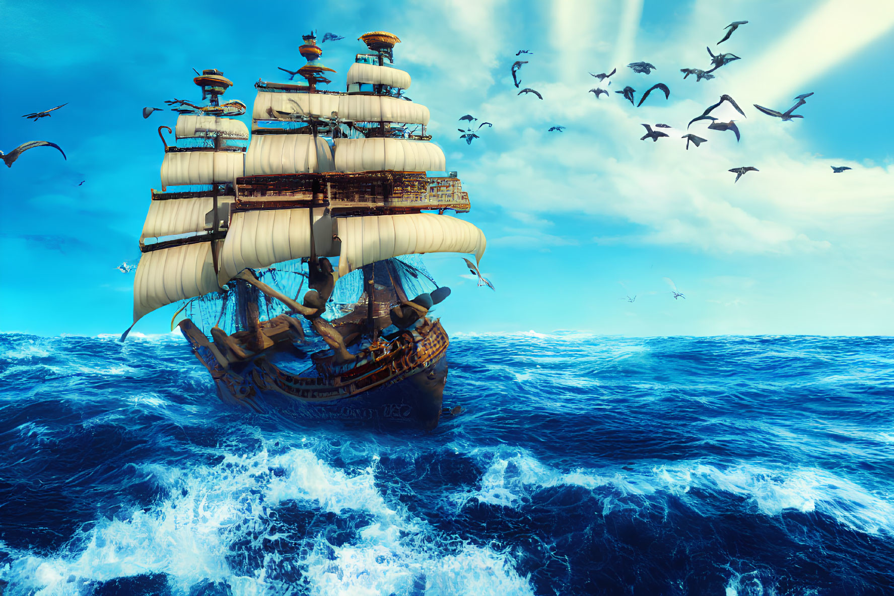 Sailing ship with white sails on deep blue ocean with seagulls in partly cloudy sky