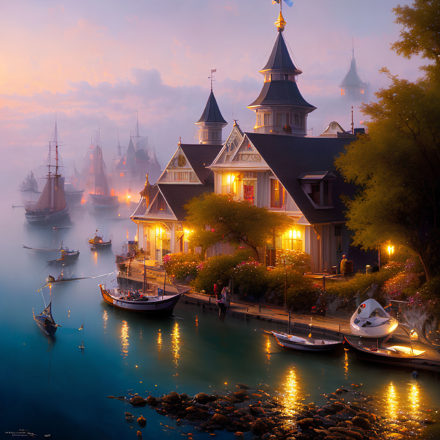 Serene harbor at twilight with Victorian-style building, boats, and pastel sky