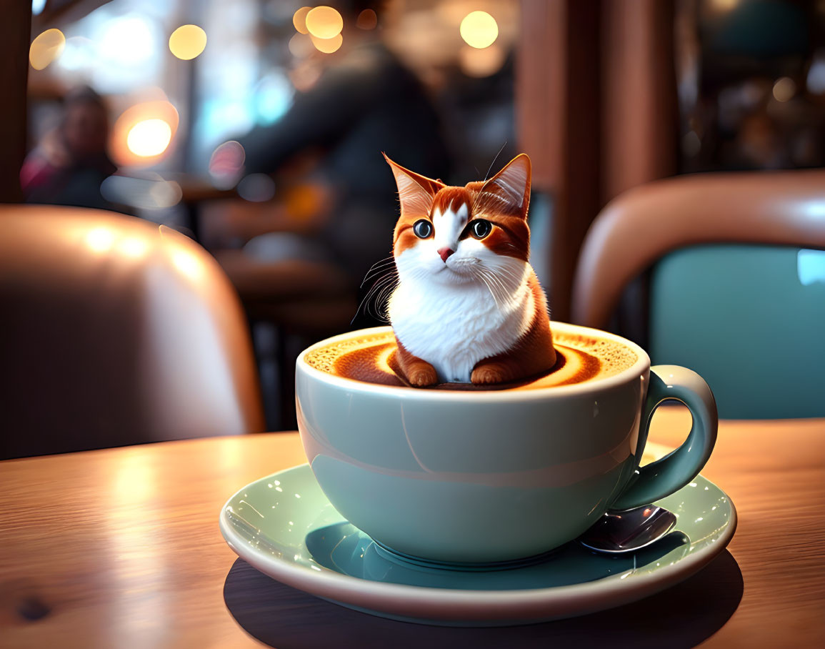 Whimsical digital art: Cute cat in teal coffee cup on café table