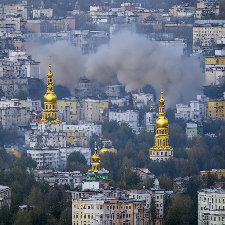 Cityscape with dense buildings, church spires, golden domes, and rising smoke
