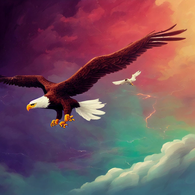 Eagle flying with outstretched wings in vibrant sky with lightning and smaller bird.