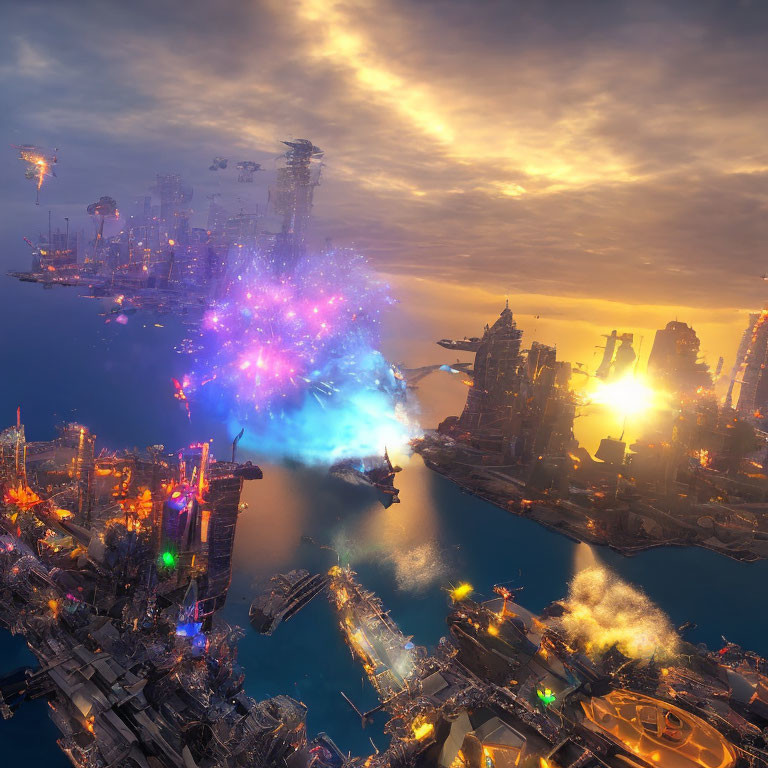 Futuristic cityscape at sunset with skyscrapers, neon lights, and blue explosion.