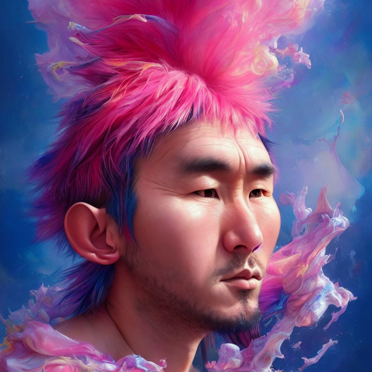 Pink-haired person with pointed ears in swirling pastel smoke