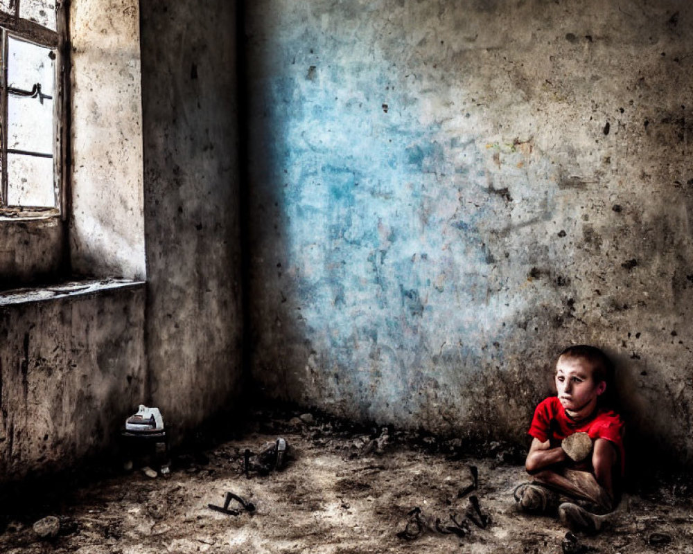 Child in Red Shirt Sitting in Dimly Lit Grungy Room
