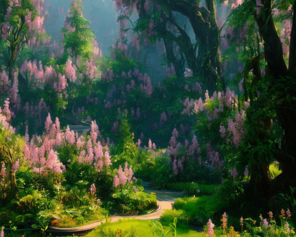Tranquil Forest Pathway with Greenery and Pink Flowers