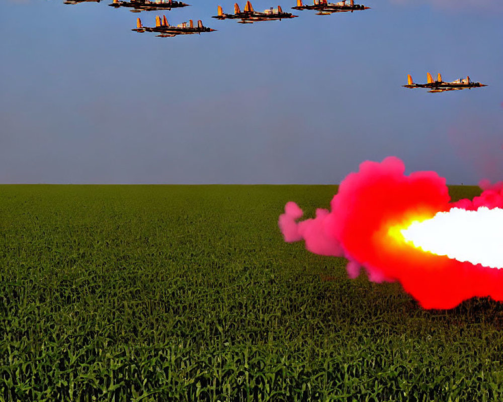 Aircraft Formation Flies Over Green Field with Plane Emitting Flames