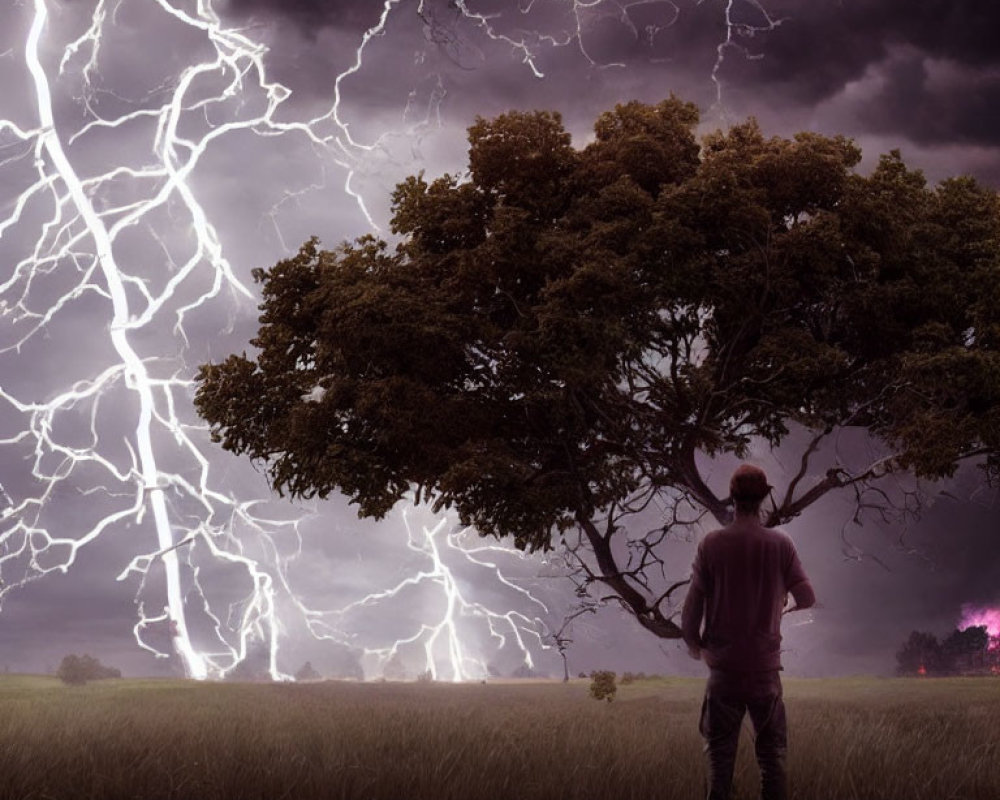 Person standing in field under tree watching dramatic lightning-filled sky
