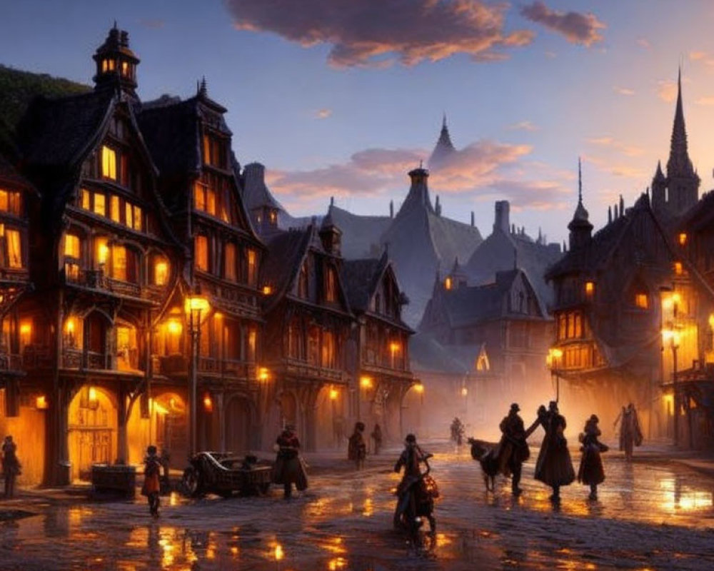 Historical town evening scene with people in period clothing on cobblestone streets.