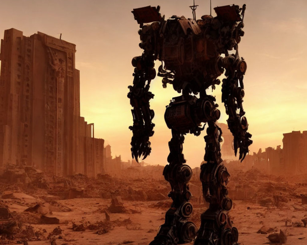 Giant mechanical robot in dystopian cityscape at sunset