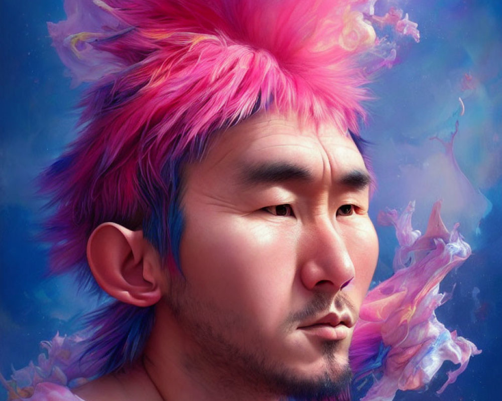 Pink-haired person with pointed ears in swirling pastel smoke