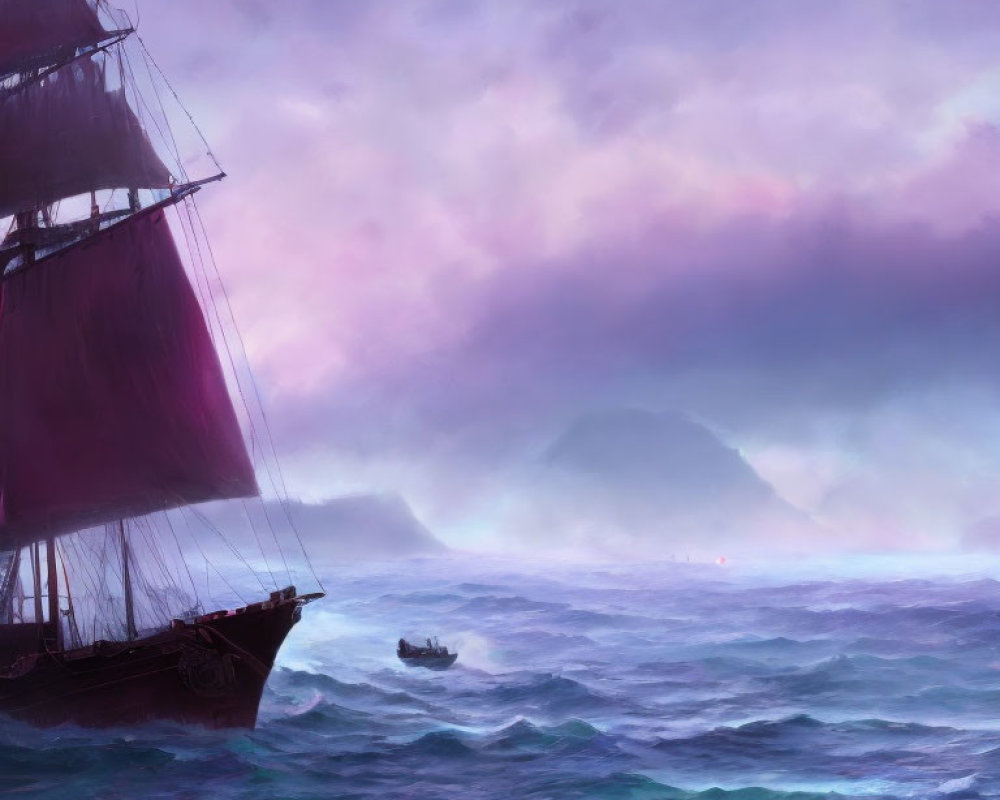Sailing ship and small boat in stormy sea with purple sky