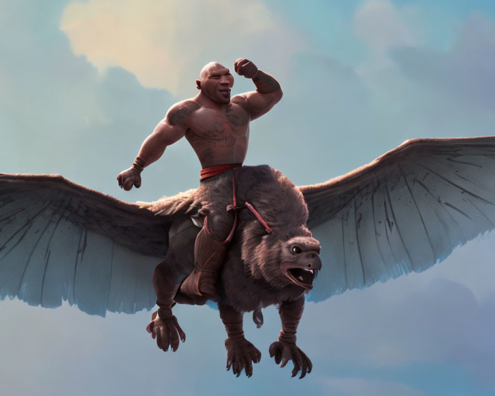 Muscular warrior on griffin flying under blue sky