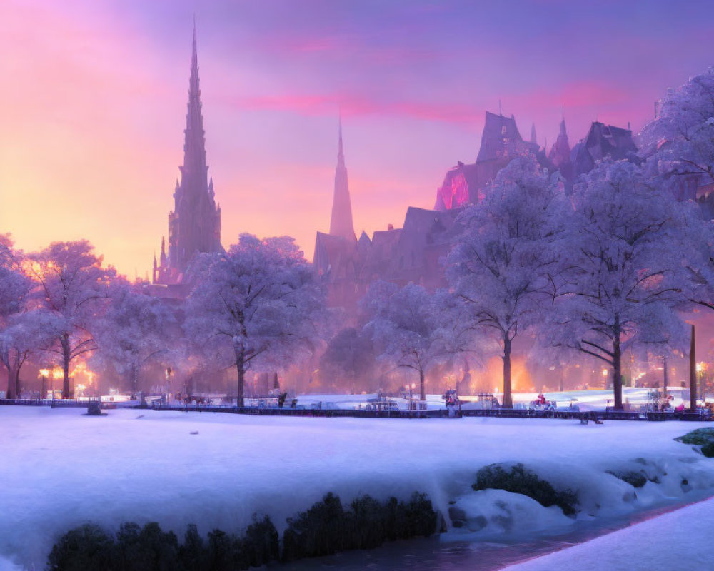 Twilight snow-covered park with frosted trees and pink sky