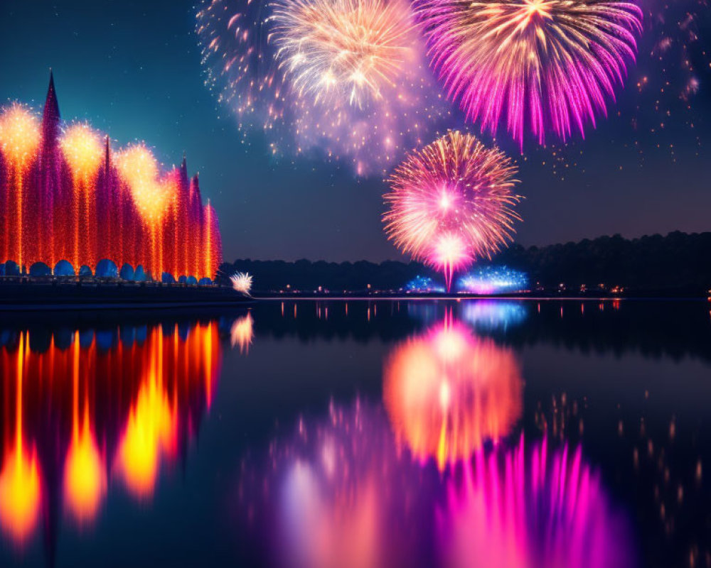 Colorful fireworks illuminate night sky over reflective lake and trees