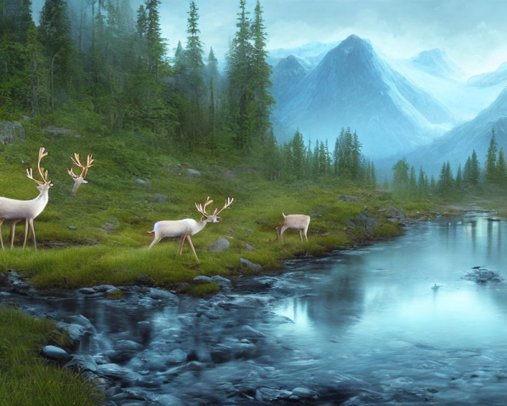 Tranquil riverside scene with deer grazing amidst lush greenery and misty mountains