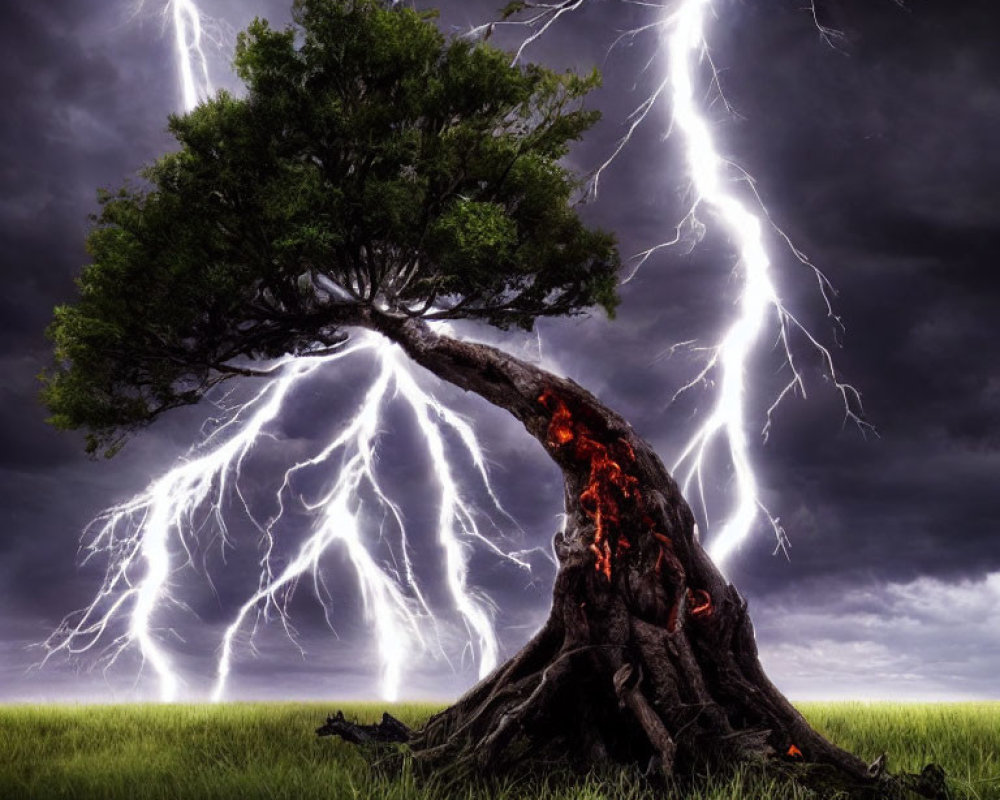 Twisted trunk tree in field under stormy sky with lightning strikes