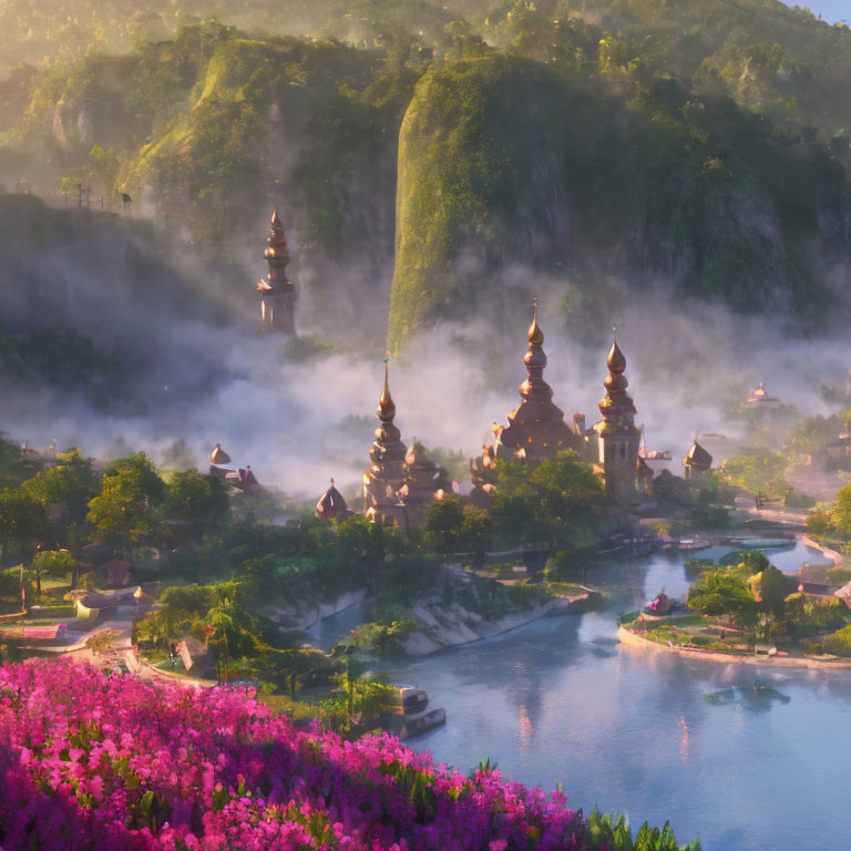 Asian landscape at misty sunrise with pagodas, river, greenery, and pink flowers
