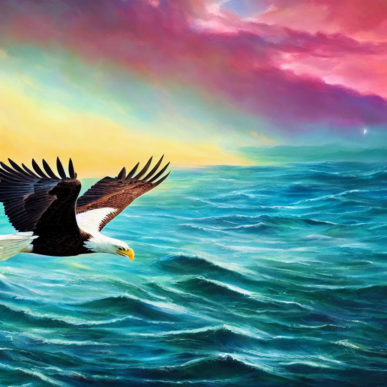 Majestic bald eagle flying over turbulent ocean waves under dramatic sky