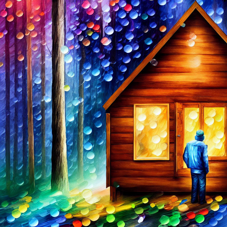 Person in Blue Jacket Standing in Front of Wooden Cabin with Colorful Lights in Vibrant Forest
