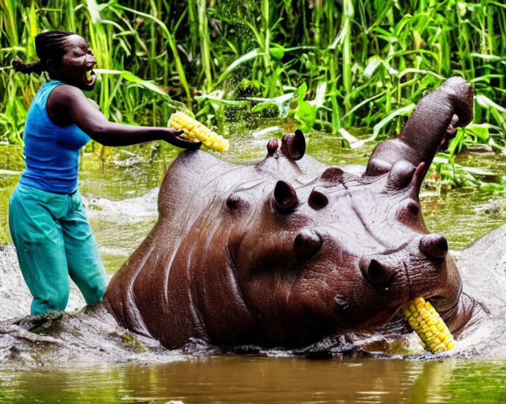 Person in Blue Clothing Feeding Hippopotamus with Corn Cobs in Lush Greenery