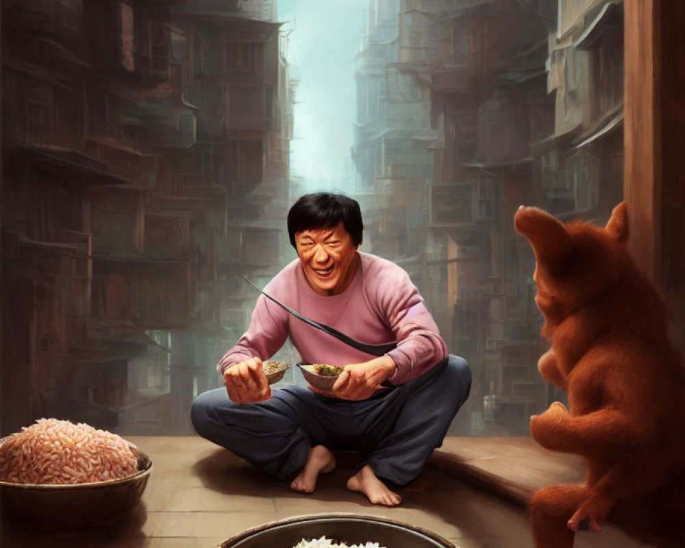 Man eating noodles smiles at teddy bear in narrow alley.
