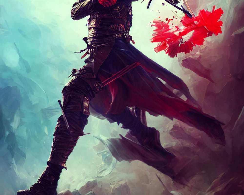 Illustration of cloaked figure in black armor with sword and red splash