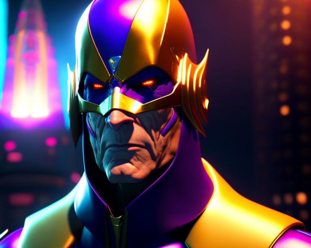 Superhero digital art: Purple and gold costume with glowing eyes in neon cityscape