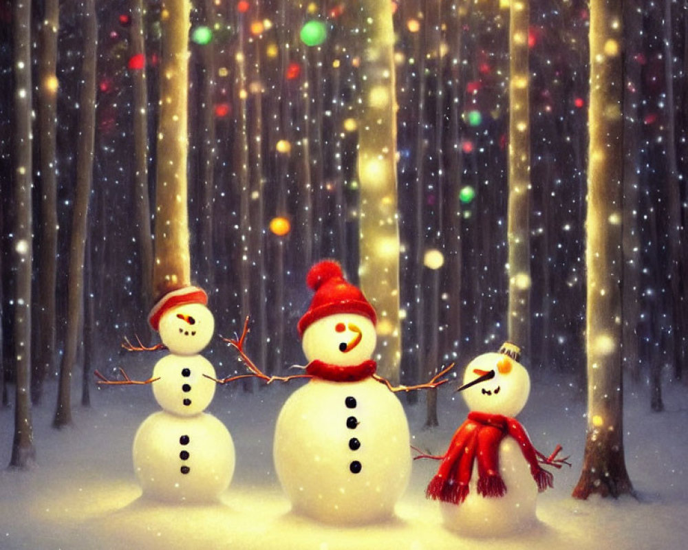 Snowmen with hats and scarves in snowy forest with colorful lights