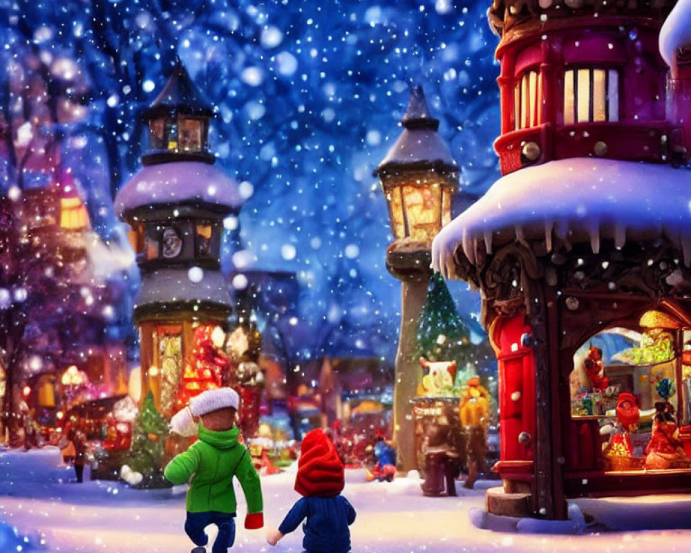 Children in winter clothing walking to brightly lit shop on festive, snow-covered street