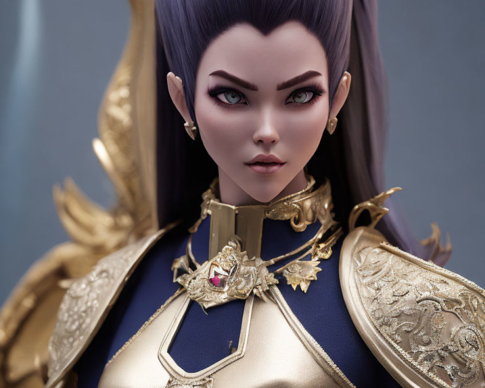 Female character with purple hair, pointed ears, and golden ornate armor in 3D illustration