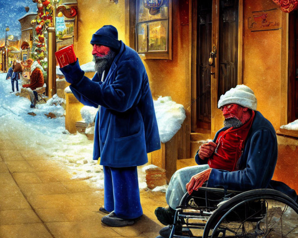 Winter street scene with man in wheelchair and person holding red book, snowy ground and festive decorations.