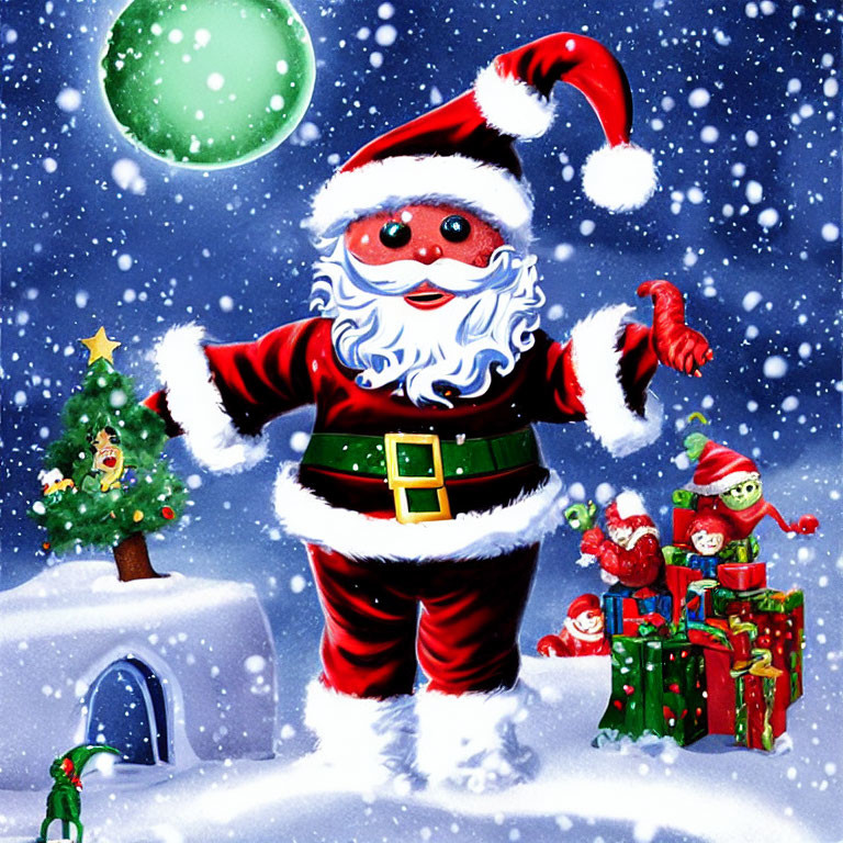 Colorful Santa Claus illustration with green moon, snowy scene, elves, tree, and gifts.