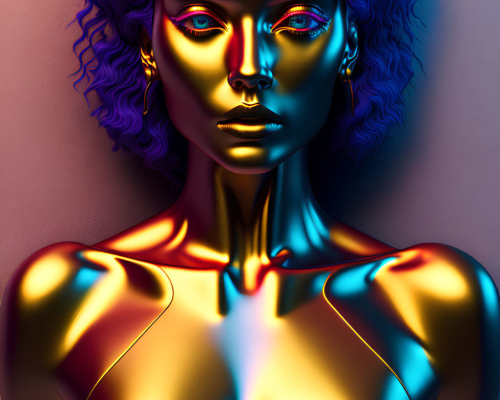 Colorful digital portrait of female figure with blue and purple hair and neon makeup.