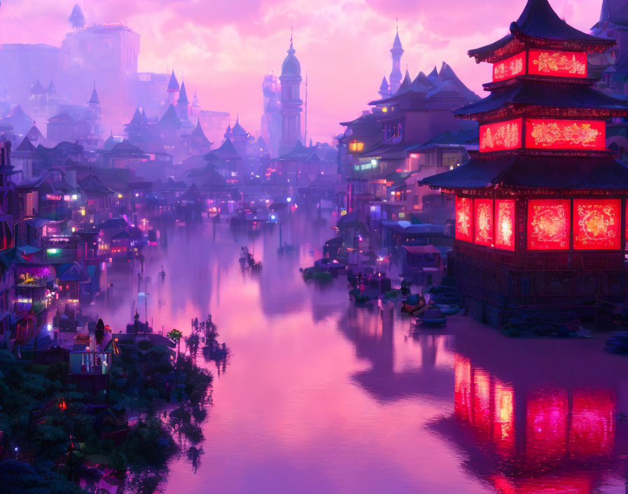 Fantastical Asian cityscape at dusk with lantern-lit river & purple fog