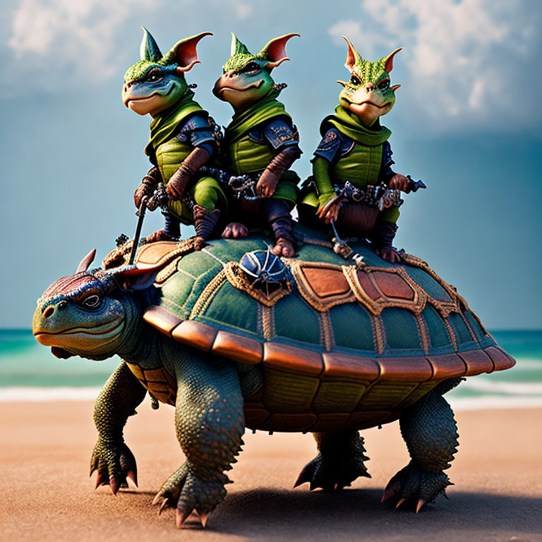 Three armored goblin characters on a turtle's back at the beach