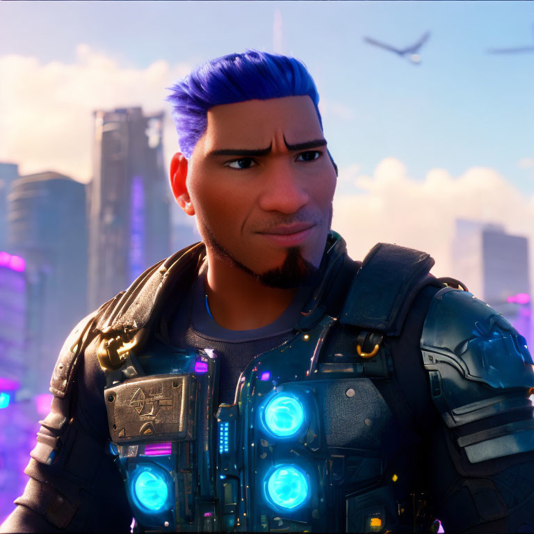 Blue-haired 3D animated character in futuristic armor against cityscape