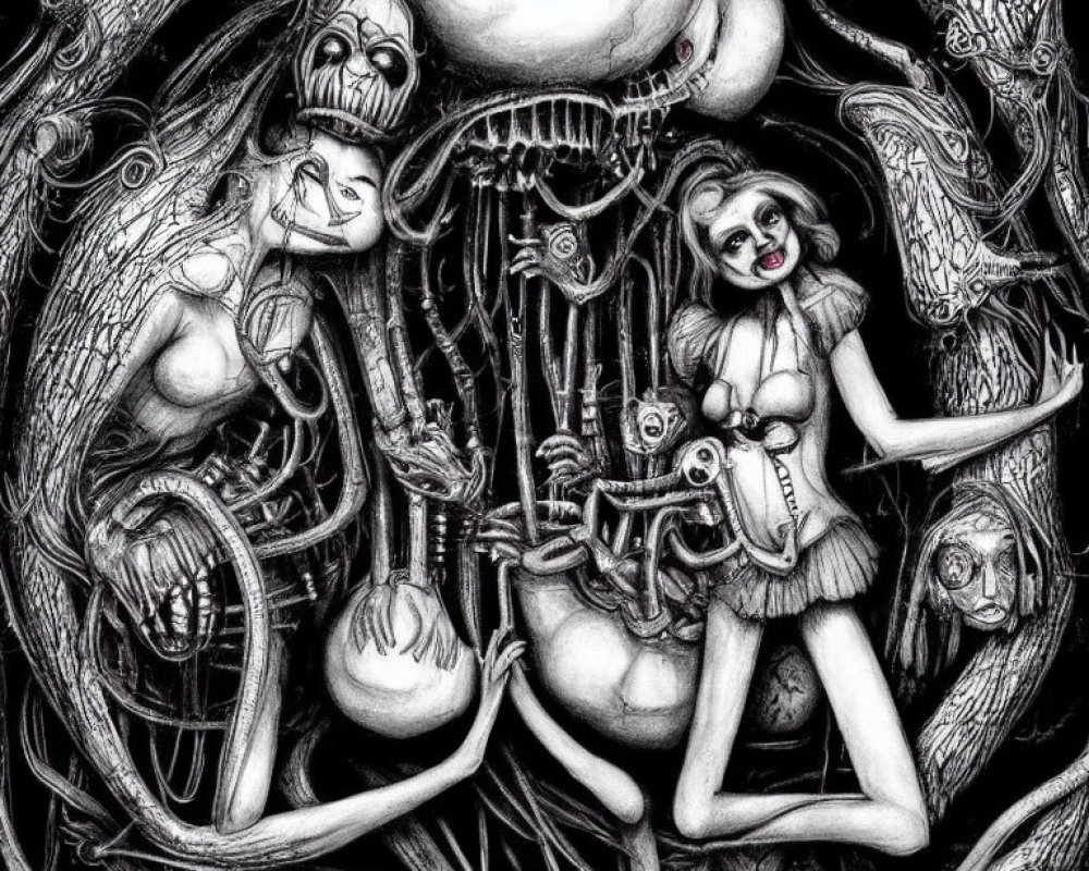 Detailed Black and White Surreal Illustration with Grotesque Figures