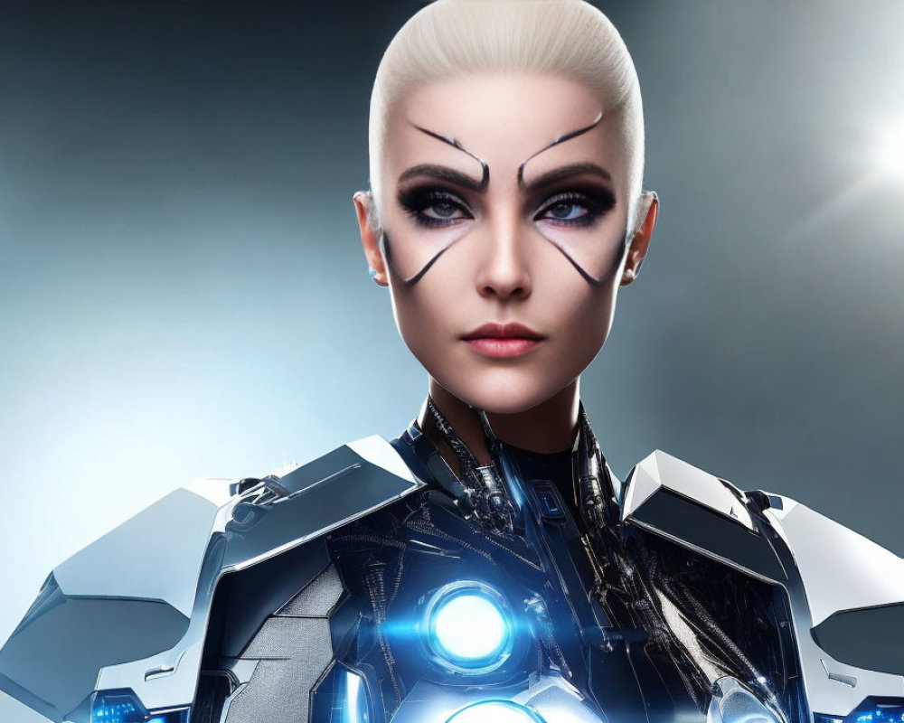 White-haired female cyborg in high-tech armor with glowing blue details on grey backdrop