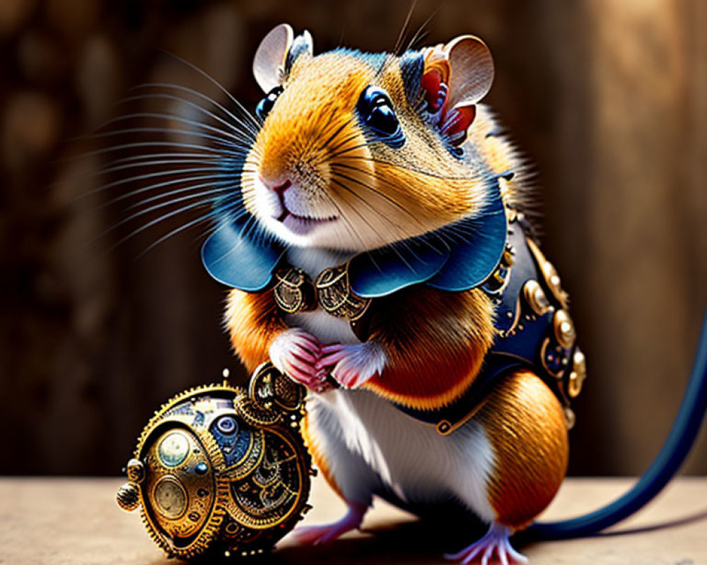 Medieval armor-clad mouse with spherical object in whimsical illustration