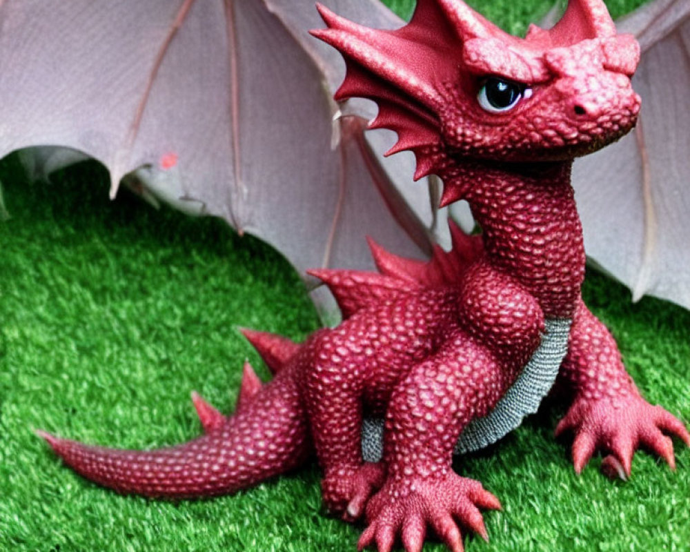 Red Dragon Figurine with Spread Wings on Green Grass Displaying Detailed Scales