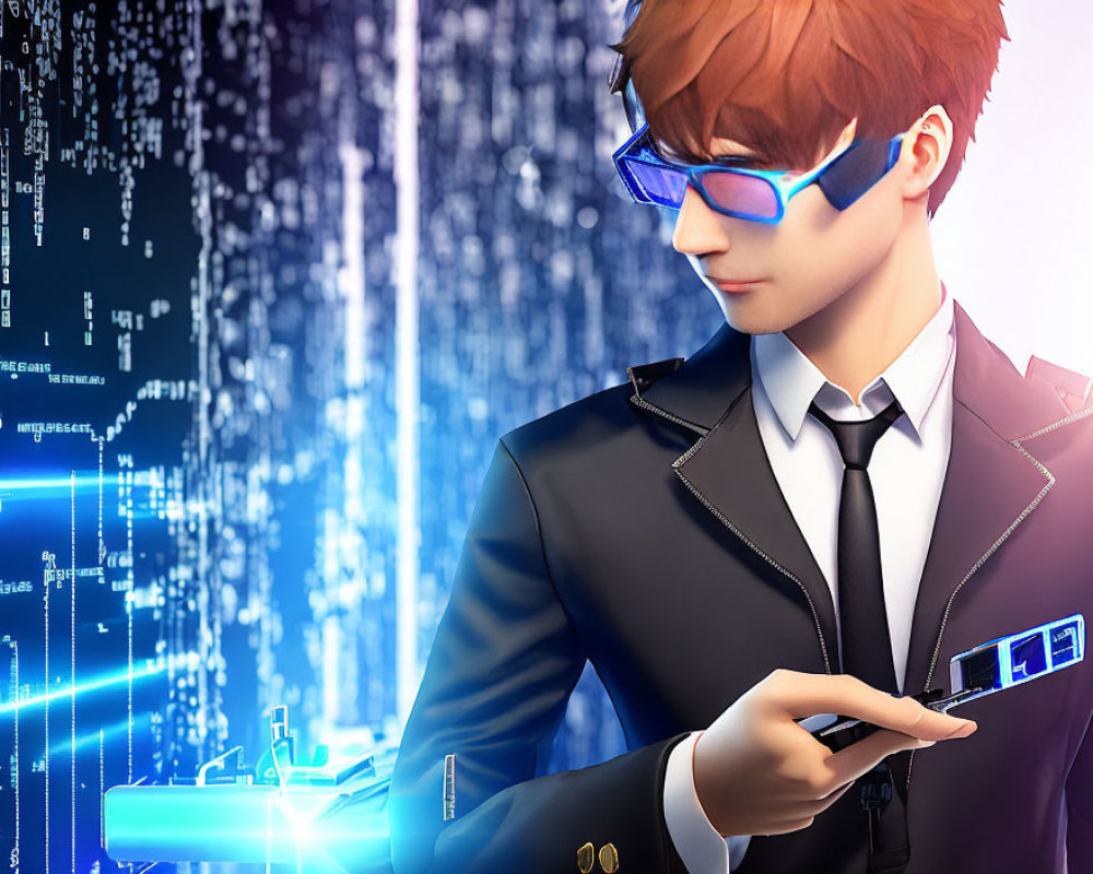 Man with Glasses Engaging with Futuristic Holographic Interfaces