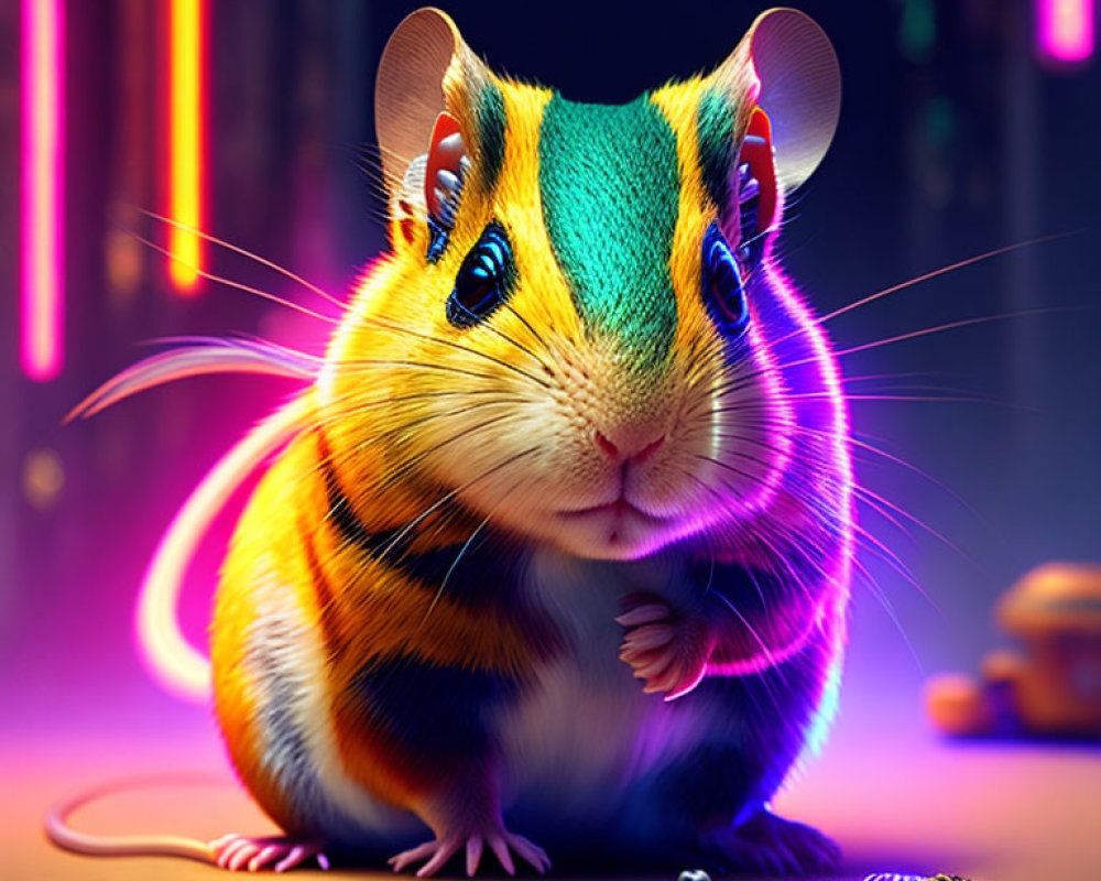 Vibrant anthropomorphic mouse in neon-lit urban scene