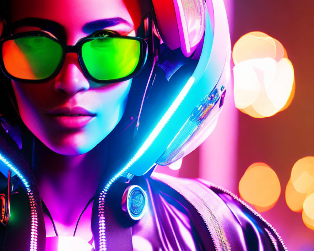 Futuristic portrait of woman with neon green glasses and high-tech helmet on vibrant backdrop