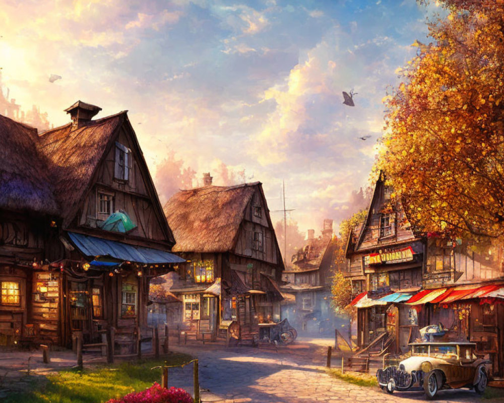 Picturesque village street: rustic houses, autumn trees, cobblestone road, vintage car