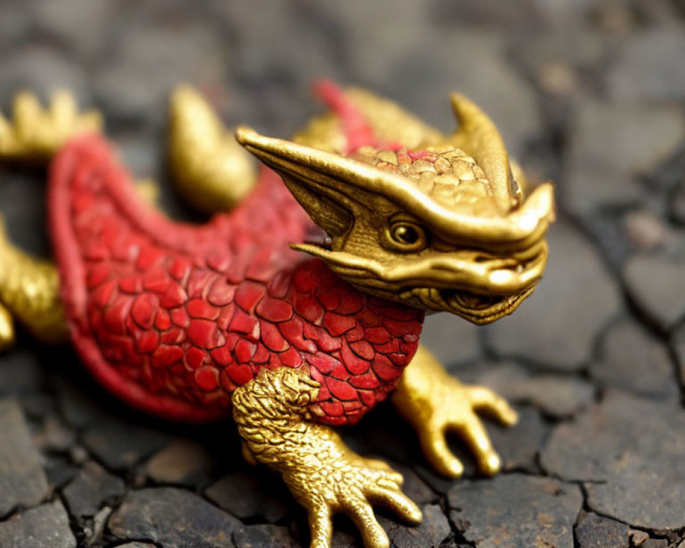 Small Ornate Golden and Red Dragon Figurine on Dark Stone Surface