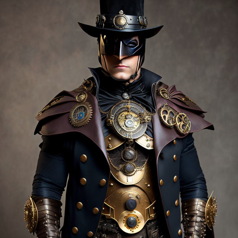 Steampunk costume with top hat, goggles, and metallic jacket