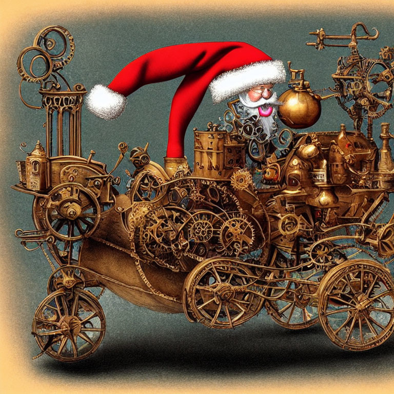 Steampunk-style machine with Santa hat on textured sepia background