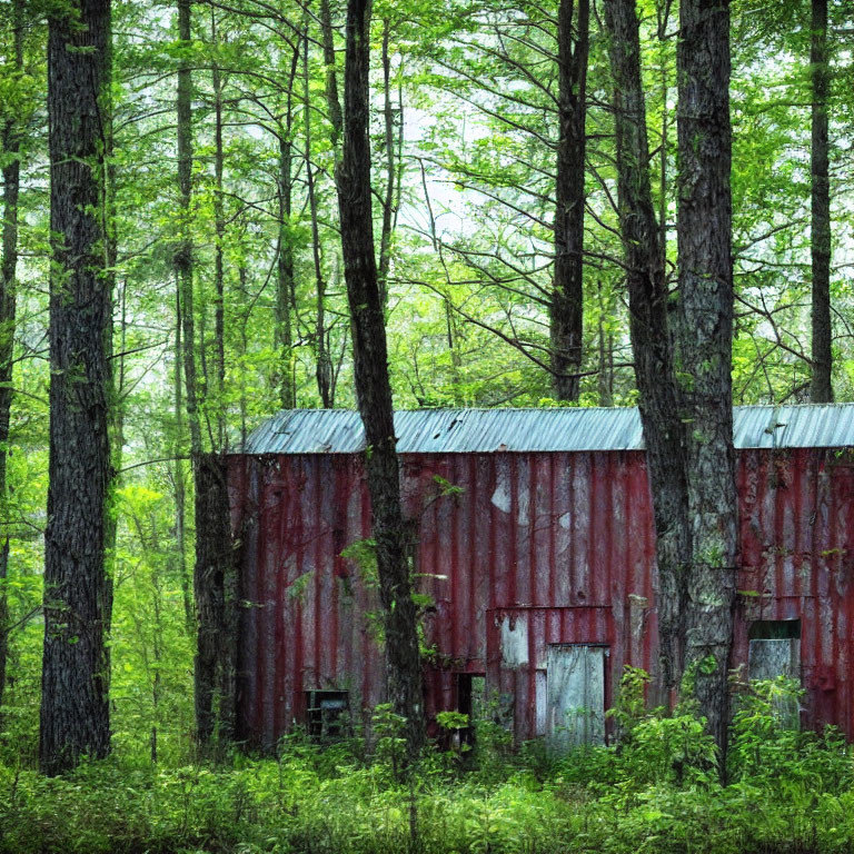 Rusty red barn in dense green forest landscape