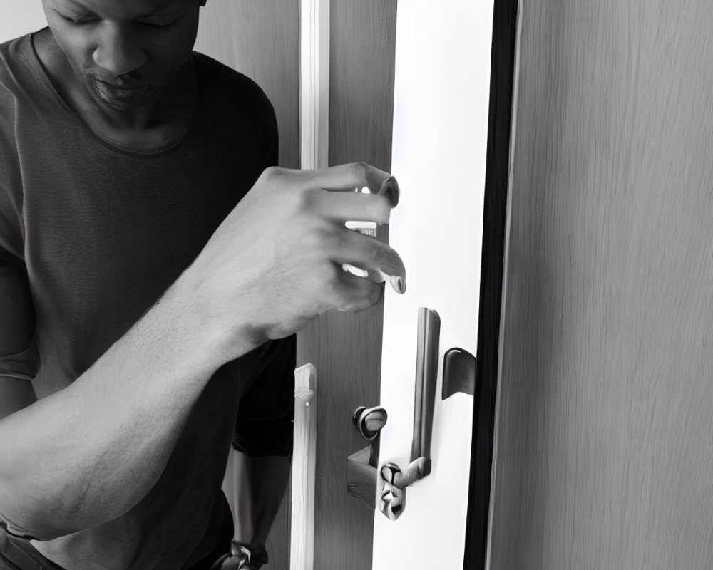Man in dark shirt opening white door with thoughtful expression