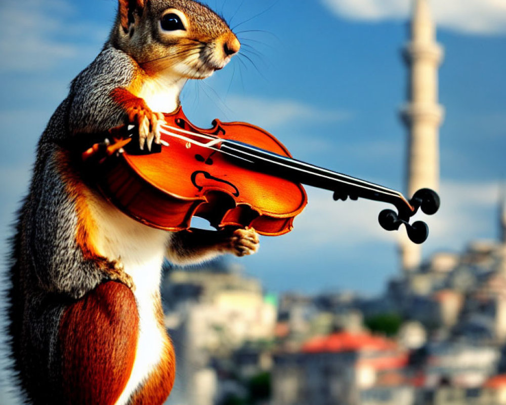 Squirrel playing violin in cityscape with mosque background